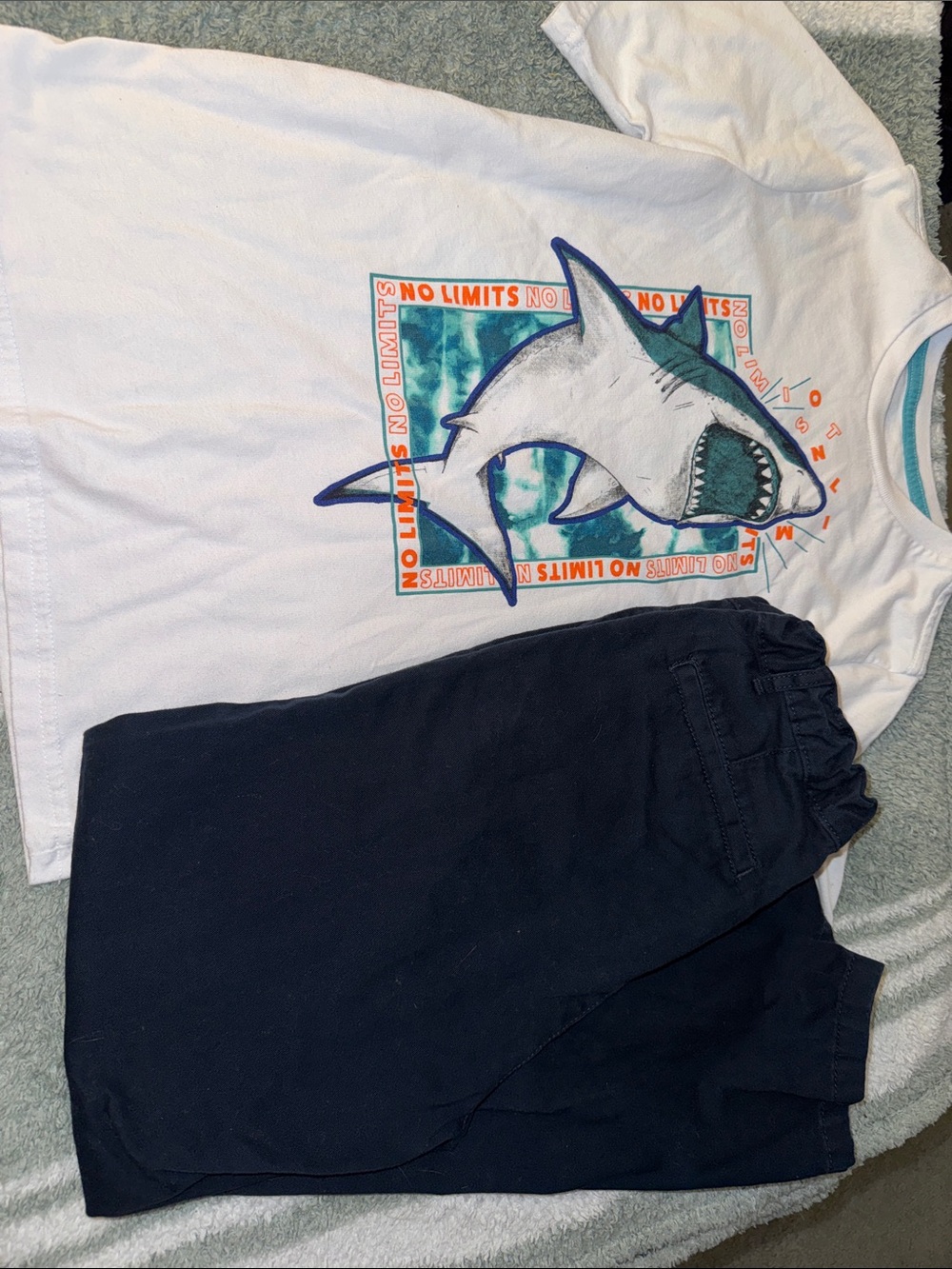 Shark Graphic White Tee with children’s place Navy pants - boys clothes